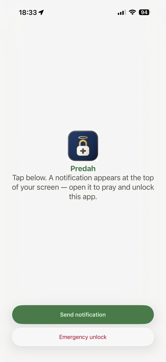 Predah lock screen prompt with Send notification and emergency unlock options
