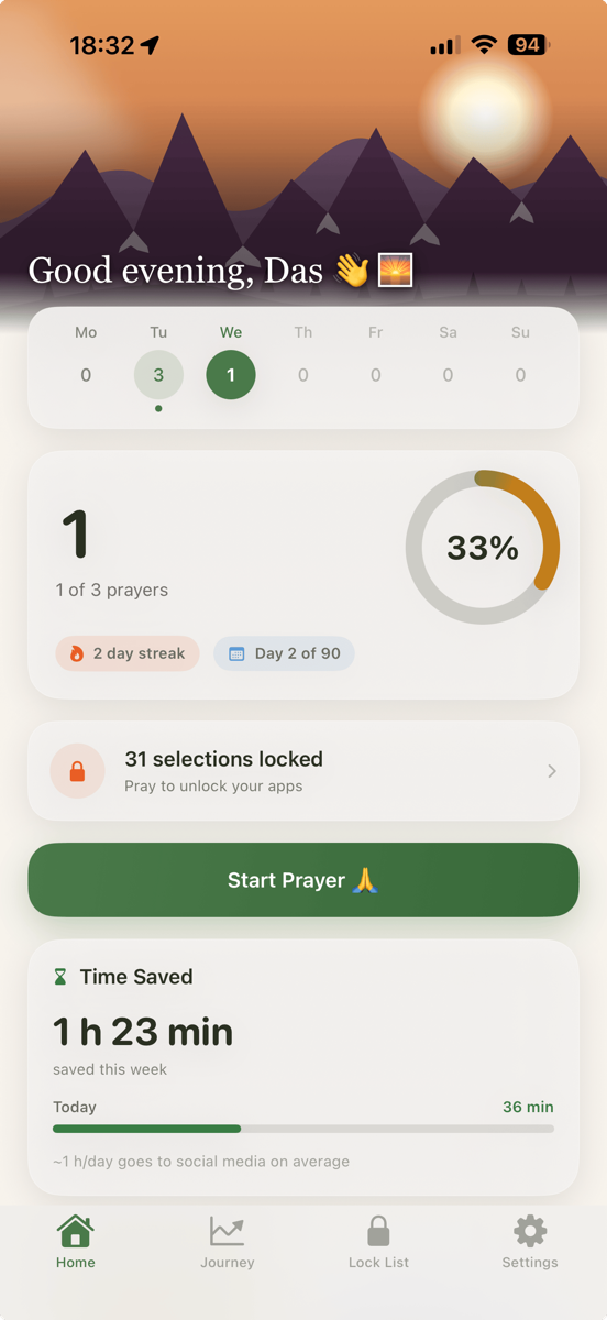 Predah home screen with prayer streak and Start Prayer button